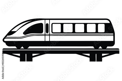 A sleek train is featured on a high railway track in black and white