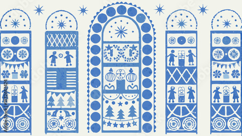 Charming folk art pattern with whimsical blue shapes, perfect for festive designs and winter holiday projects