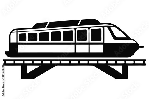 Monorail train travels along elevated black track in simplistic monotone silhouette visualization