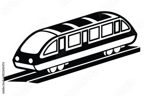 Stylized black and white monorail train traverses on a railway track in motion