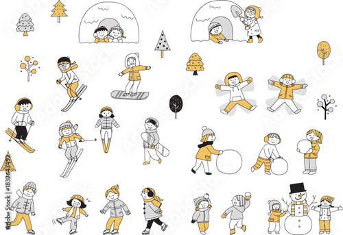 スキーや雪遊びを楽しむ子どものイラストセット単色