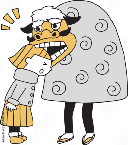 獅子舞に頭を噛まれる女の子単色