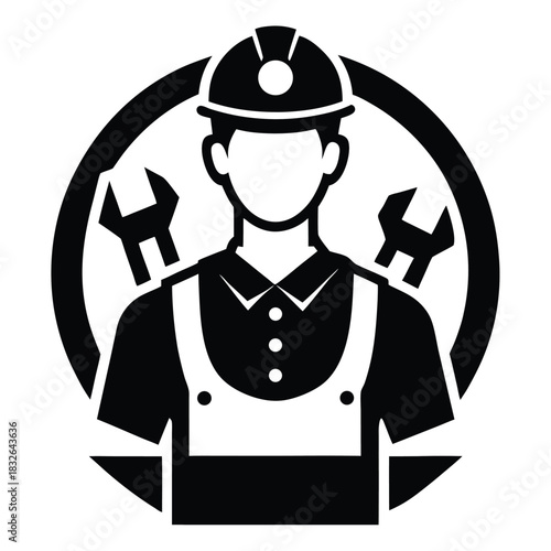Faceless worker in hardhat displays two wrenches within a circle, rendered in monochrome