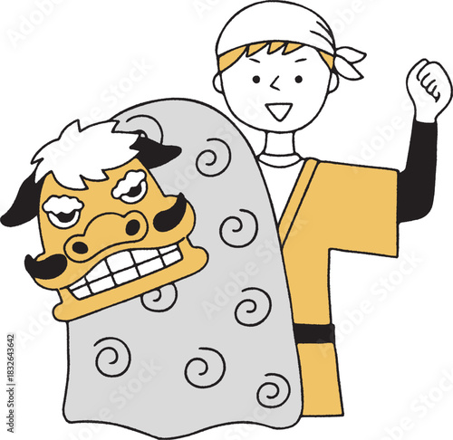 獅子舞と半被を着た男性単色