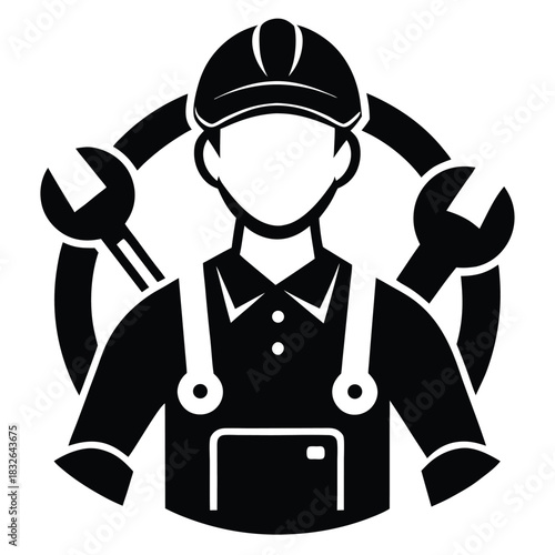 Black shows a person in work clothes with wrenches behind them