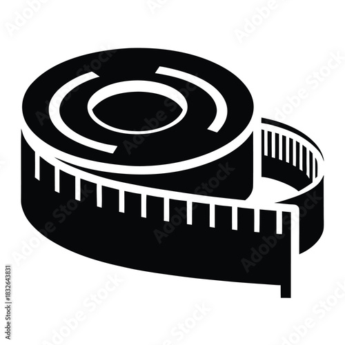 Isolated black and white icon of a measuring tape coiled into a circular shape