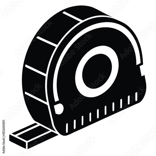 Black monochrome measuring tape illustration provides measurement, and has clear line marking for distance reading