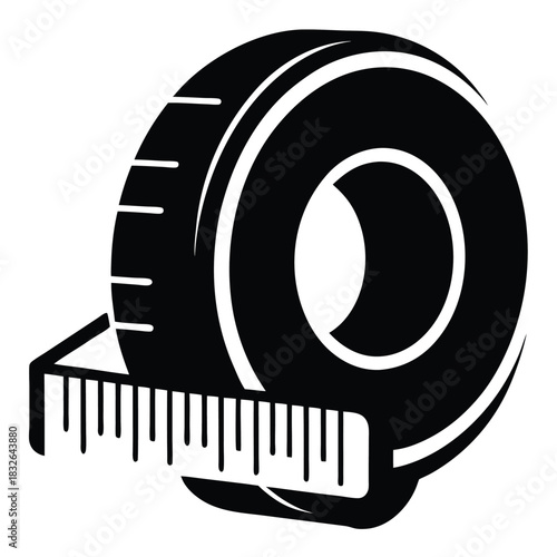 Black and white icon reveals a coiled measuring tape with visible measurement markings