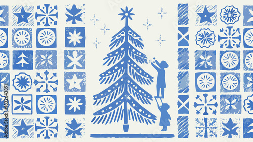 Charming Christmas tree scene with children decorating in a folk art style celebration of winter holidays