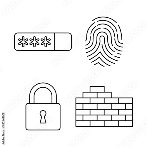 Cybersecurity icons padlock, fingerprint, password bar, and brick wall representing data protection and digital security concepts