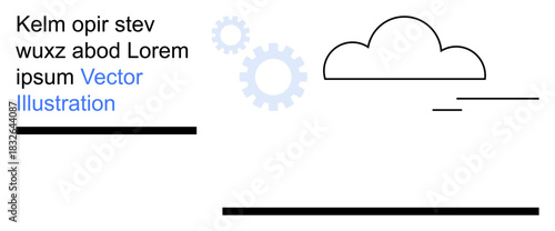 Cloud computing, technology, data storage, innovation, software development, automation. Minimalist cloud graphic with gears and lines. Cloud computing and technology concept