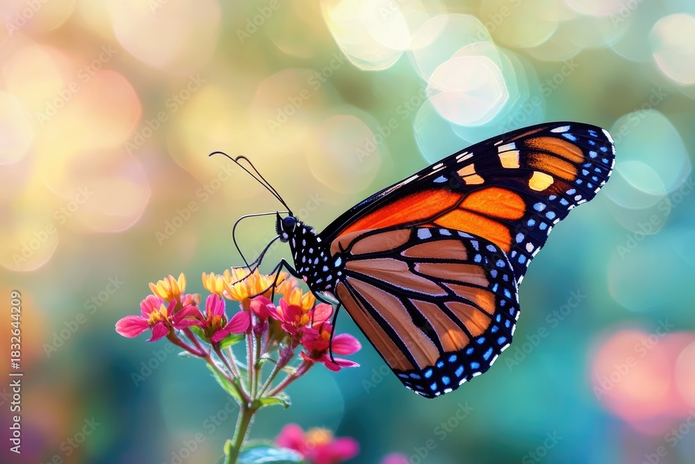 Obraz premium A monarch butterfly, with its vibrant orange and black wings, is perched on a pink flower in a garden, surrounded by lush green foliage and a soft, warm light.