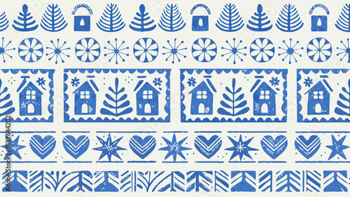 Charming folk art pattern with trees, houses, and stars for holiday textiles and cozy winter crafts projects