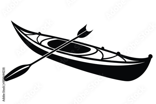Sleek kayak silhouette showcases adventure with paddle resting across its detailed frame on white
