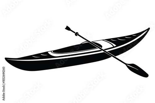 The minimalist icon depicts a sleek black kayak with paddle ready for an adventure trip