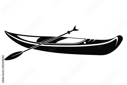 Black kayak with paddle illustration represents outdoor adventure sports and paddling exploration activities