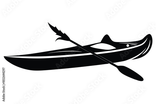 Black kayak boat displays oar resting horizontally across it on the white background