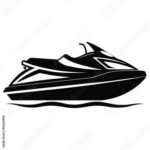 Black jet ski glides swiftly over a tranquil sea in a minimalistic depiction