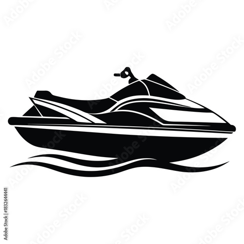 Isolated jet ski floats on rippling water, presented in a striking black and white silhouette