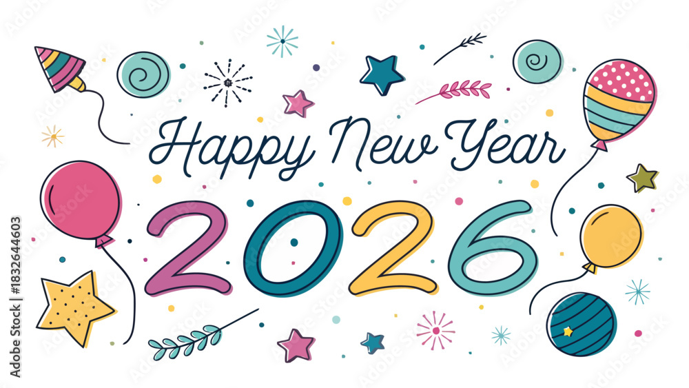 Naklejka premium Happy new year 2026 celebration with colorful balloons stars and confetti in festive doodle style design