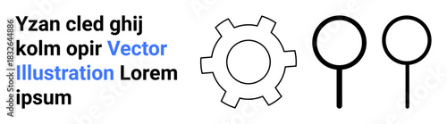 Gear symbol paired with magnifying glasses and placeholder text. Ideal for technology, mechanics, problem-solving, analysis, innovation, engineering, scientific projects, simple landing page