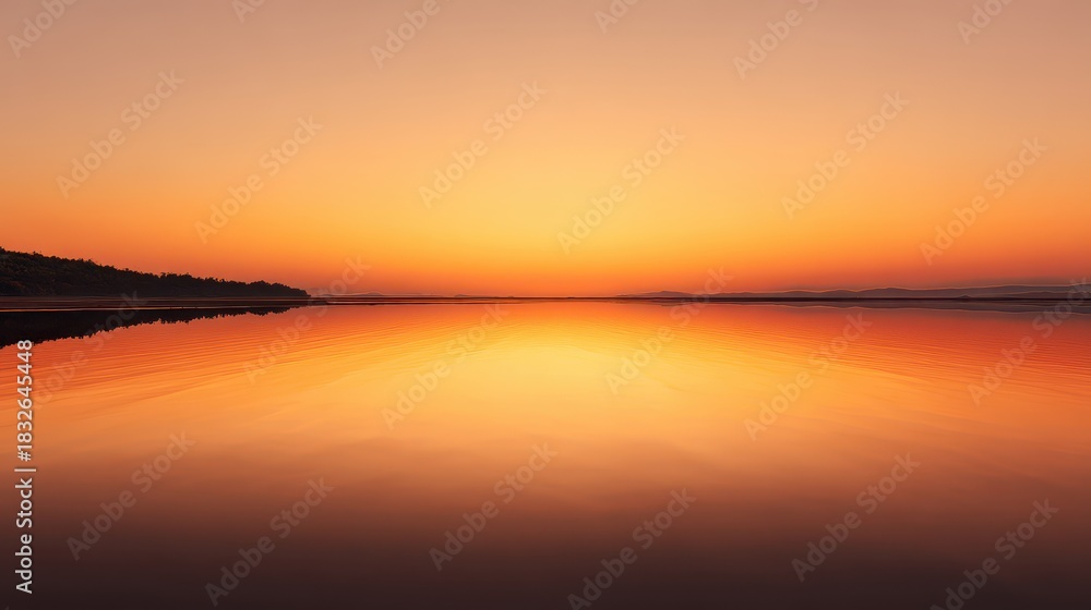 Naklejka premium Tranquil Golden Sunset Reflected on Calm Water, Silhouetted Horizon.