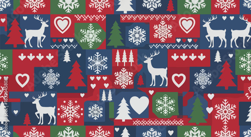 Vibrant winter holiday seamless pattern featuring traditional knit-style festive motifs like reindeer, Christmas trees, snowflakes, and hearts, ideal for seasonal backgrounds