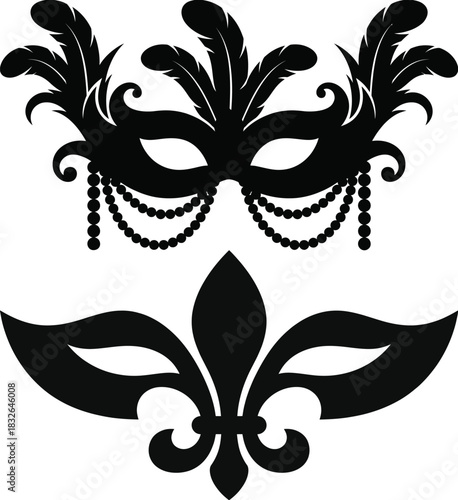 Elegant black masks with feathers beads and fleur de lis vector art