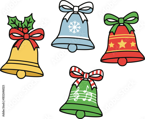 A vibrant collection of four cartoon Christmas bells, each uniquely decorated with festive patterns like holly, snowflakes, stars, and musical notes, finished with colorful bows.