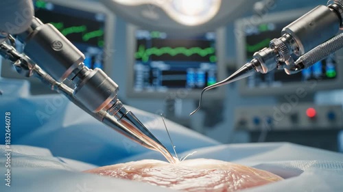 Tiny robotic arms performing precise surgical procedure with medical monitors in background