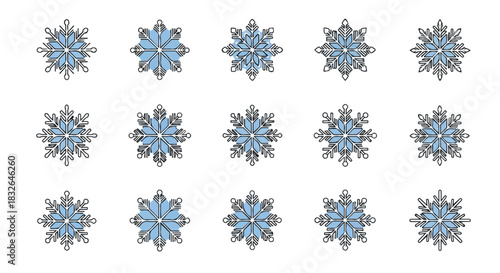 A stunning set of various intricate blue and silver snowflake illustrations, ideal for winter holiday season decorations, festive graphic design, and frosty seasonal projects, evoking the magic of ice