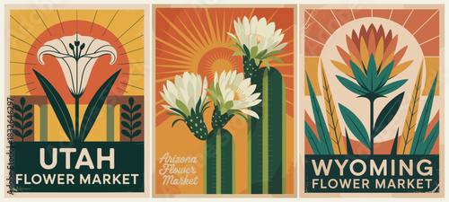 Set of three retro-style posters featuring Utah, Arizona, and Wyoming flower markets with geometric patterns, sunburst backgrounds, and decorative floral motifs