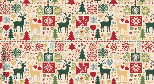 Seamless holiday pattern with festive Christmas elements, featuring reindeer, evergreen trees, snowflakes, and presents, ideal for seasonal backgrounds and decorative designs