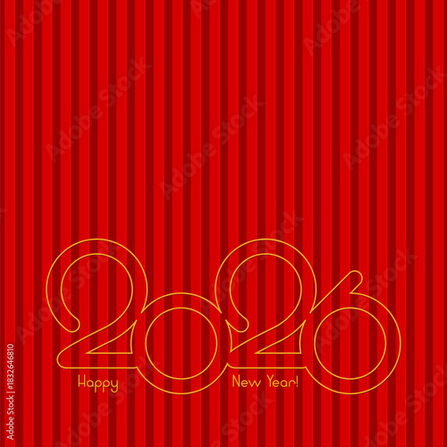 2026 happy new year yellow text on red seamless striped repetitive background. greeting card template. velvet design element for banner, invitation, sign, postcard, vignette, flyer. vector illustratio