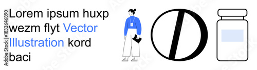 Healthcare, medication use, restrictions, pharmaceutical products, medical professions, awareness campaigns. A person with a tablet, a prohibition sign and a medicine bottle. Healthcare