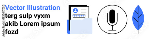 Identification, media recording, environmental awareness, personal data, content creation, digital profiles. Graphic elements include a document, microphone and leaf. Identification and media