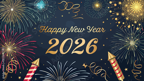 Happy new year 2026 celebration with golden text, fireworks, rockets and confetti on a dark blue background
