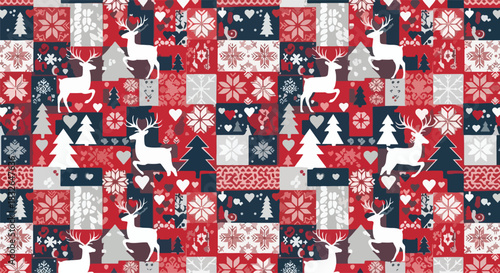 Festive Holiday Patchwork Pattern Xmas Trees, Deer, and Snowflake Motifs in a Repeating Design - xmas37