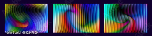 Abstract triptych of vibrant vertical stripes with blended colors and light refraction effects