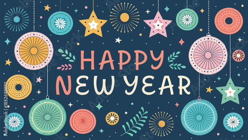 Happy new year greeting card with stars ornaments and floral elements on a dark blue background design