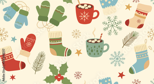 Charming seamless pattern of festive winter holiday elements cozy mittens, warm socks, comforting hot cocoa, snowflakes, and holly berries, creating a joyful seasonal background