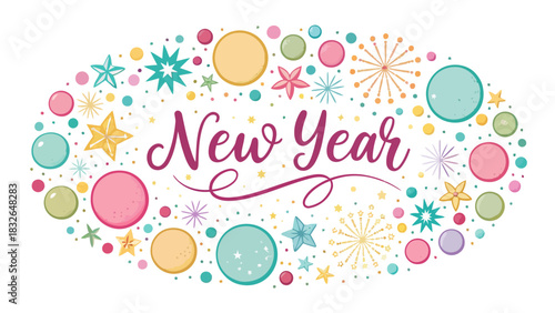 New year celebration with colorful stars circles and dots in an oval shape decorative arrangement