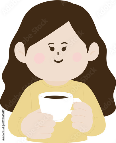 Cute cartoon girl with long hair holding a cup of coffee and smiling – flat style illustration