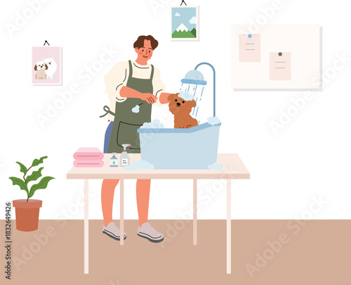 Flat Vector Illustration of Dog Grooming with Soap and Tub