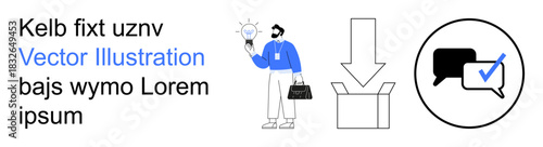 Creativity, teamwork, communication, innovation, business strategies, idea generation. A man holds a lightbulb, a box with an arrow and a chat icon with a checkmark. Creativity and teamwork concept