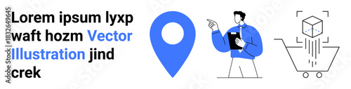 Navigation tools, geotagging, data visualization, e-commerce, online shopping, logistics. Blue location pin, person with clipboard augmented reality cube in a shopping cart. Geotagging and logistics