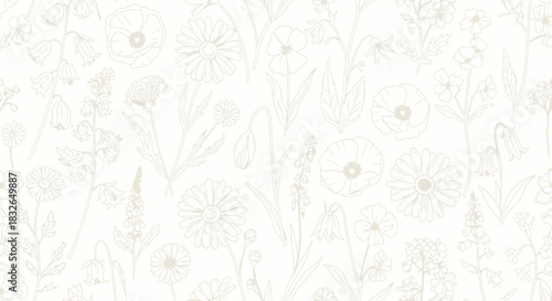 Delicate hand-drawn floral pattern with intricate botanical illustrations in soft pastel shades