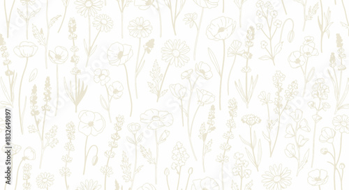 Delicate botanical pattern featuring hand-drawn wildflowers and foliage for seamless fabric or