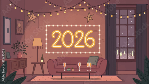 Living room decorated for new year 2026 with lights and champagne glasses on the coffee table