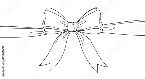 Elegant Line Art of a Curly Ribbon with a Bow and Streamers for Gift Wrapping or Decorative Design